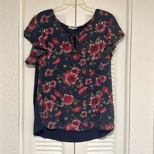 Navy Blouse with Purple Flowers